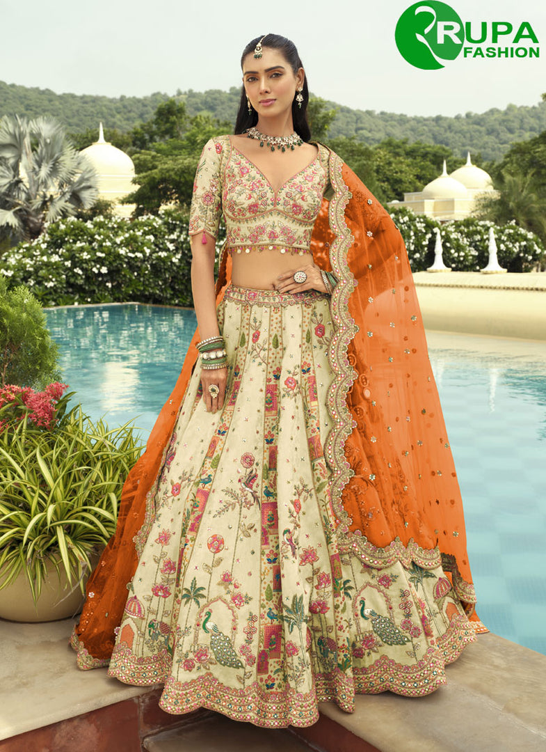 Beautiful Cream Color Silk Ready Made Lehenga Choli with Embroidered, Sequins and Zari Work