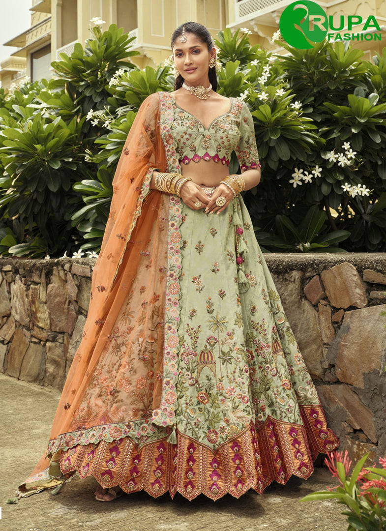 Divine Sea Green Color Silk New Designer Ready Made Lehenga Choli With Heavy Work