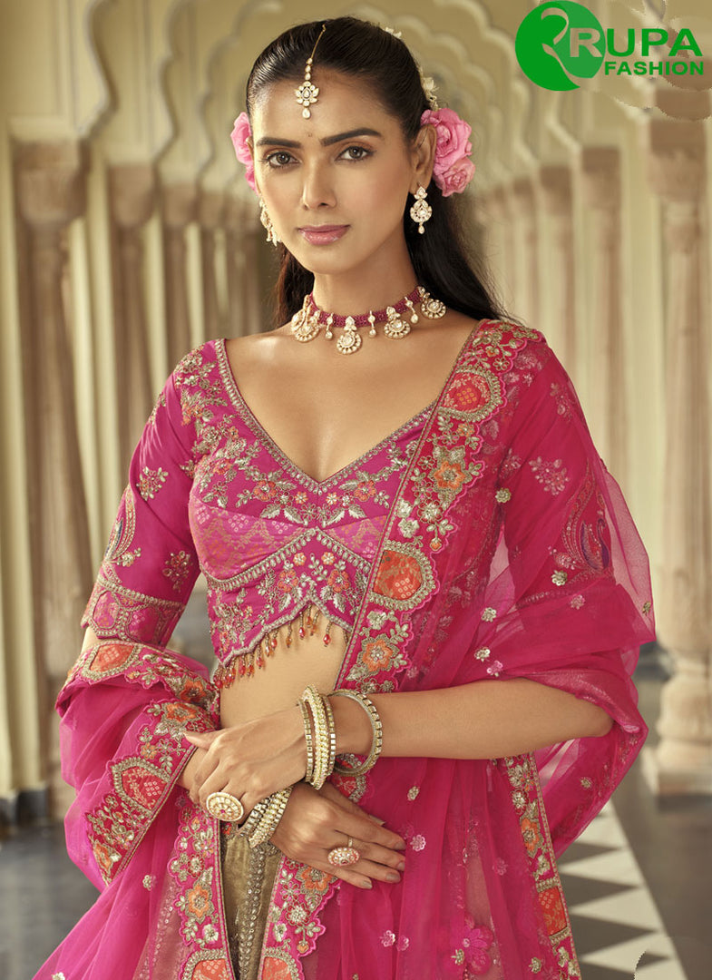 Beautiful Beige With Pink Color Embroidered, Sequins and Zari Work Silk Ready Made Lehenga Choli