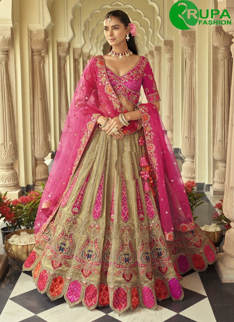 Beautiful Beige With Pink Color Embroidered, Sequins and Zari Work Silk Ready Made Lehenga Choli