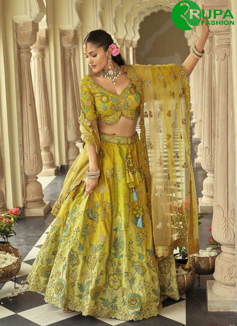 Stunning Green Color Silk Embroidered, Sequins and Zari Work Ready Made Lehenga Choli
