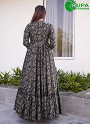New Designer Charcoal Black Color Muslin Digital Print Full Flair Party Wear Palazzo Suit