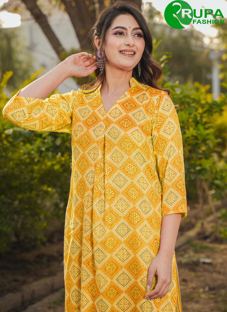 Beautiful Yellow Color Rayon Cotton And Digital Print Work Kurti