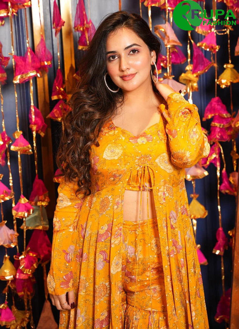 Attractive Yellow Color And Digital Print Garara Suit With Shrug