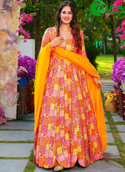 Attractive Orange Color Rayon Designer with Festive, Reception Gown