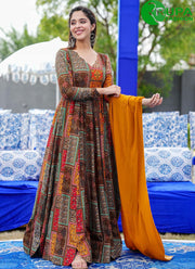 Wonderful Multi Color Digital Print Work Rayon Designer Gown for Ceremonial