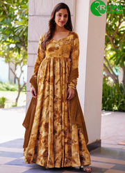 Outstanding Mustard Color Beige Digital Print Work Rayon Designer Gown
