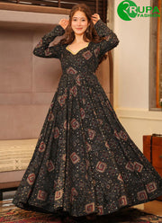 Beautiful Black Color Digital Print Work Rayon Designer Gown