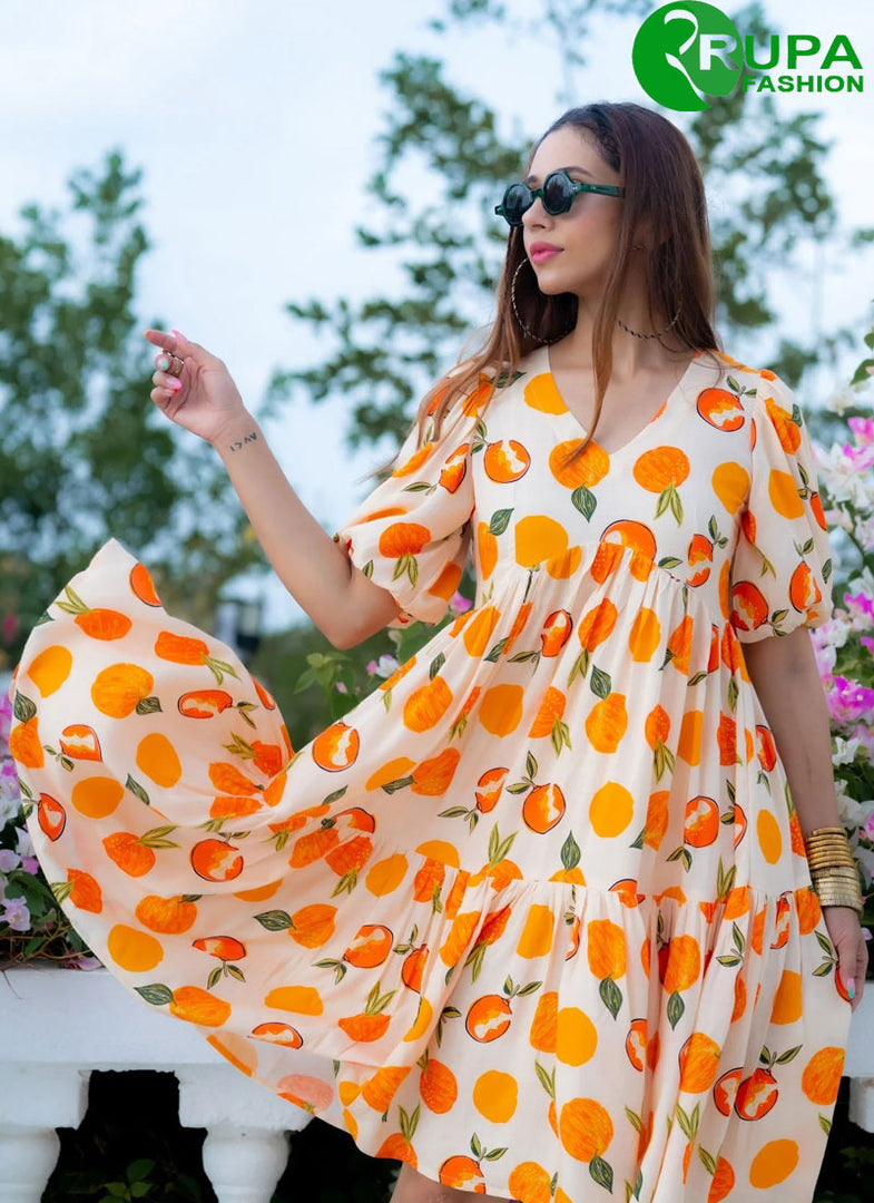 Beautiful Orange Color Digital Print Work Rayon Designer Kurti