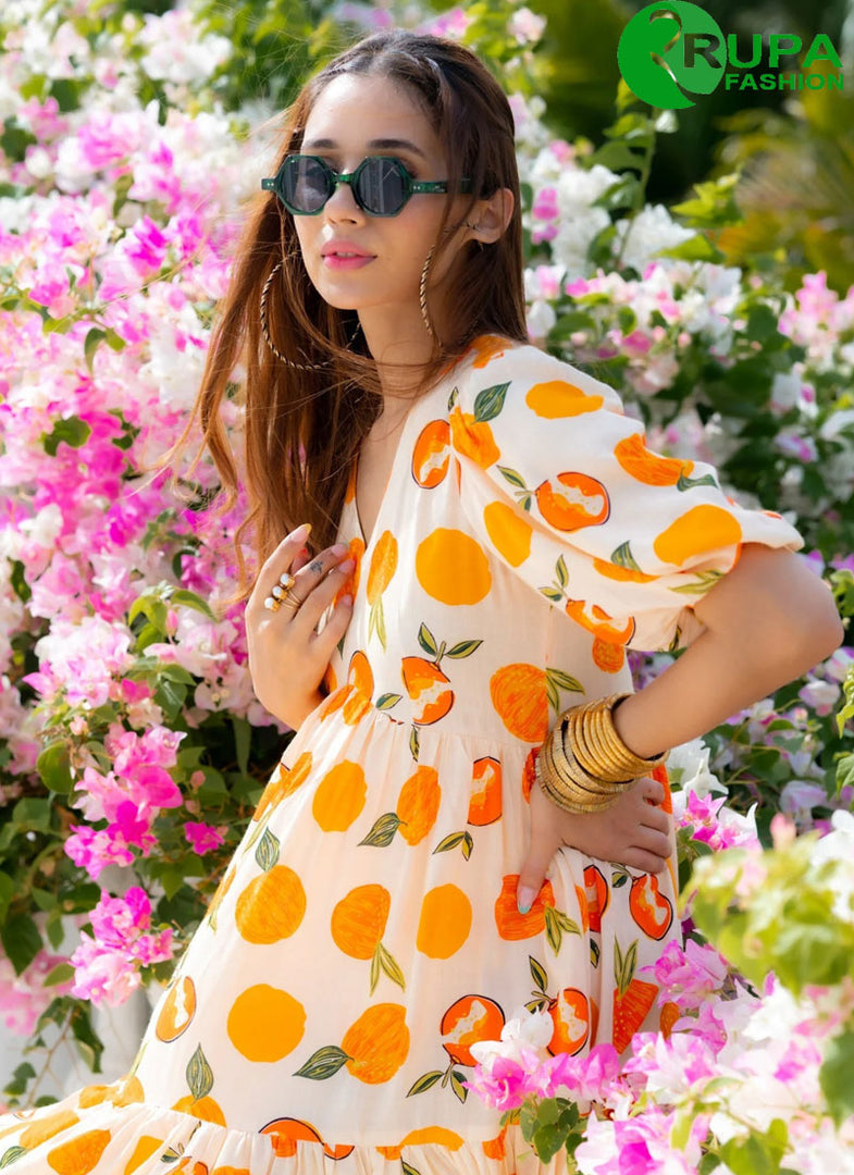 Beautiful Orange Color Digital Print Work Rayon Designer Kurti