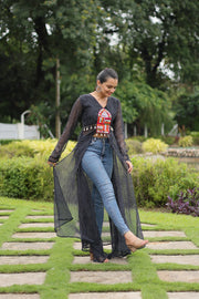 Black Mirror and Patch Border Work Faux Georgette Casual Kurti