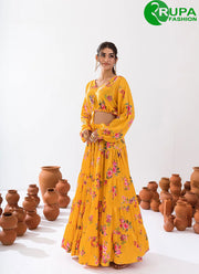 Eye Catchy Yellow Color Chinon Digital Print Work Readymade Lehenga Choli for Ceremonial