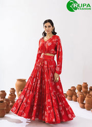 Magnificent Red Color Digital Print Work Chinon Readymade Lehenga Choli for Ceremonial