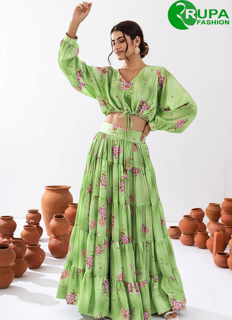 New Designer Green Color Chinon Readymade with Digital Print Work Lehenga Choli