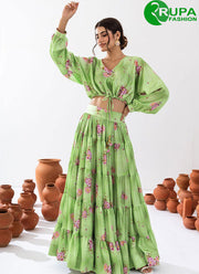 New Designer Green Color Chinon Readymade with Digital Print Work Lehenga Choli