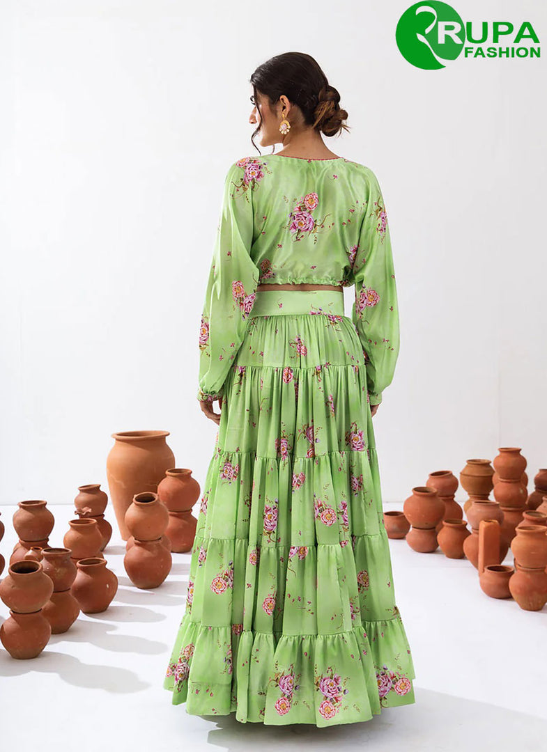 New Designer Green Color Chinon Readymade with Digital Print Work Lehenga Choli