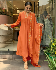 Orange Chinon Salwar Suit with Embroidered Work