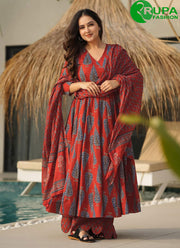 Splendid Blue and Red Printed Party Wear Salwar Suit With Dupatta