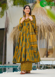 Beautiful Yellow with Green Color Pure Muslin Anarkali Style Salwar Suit