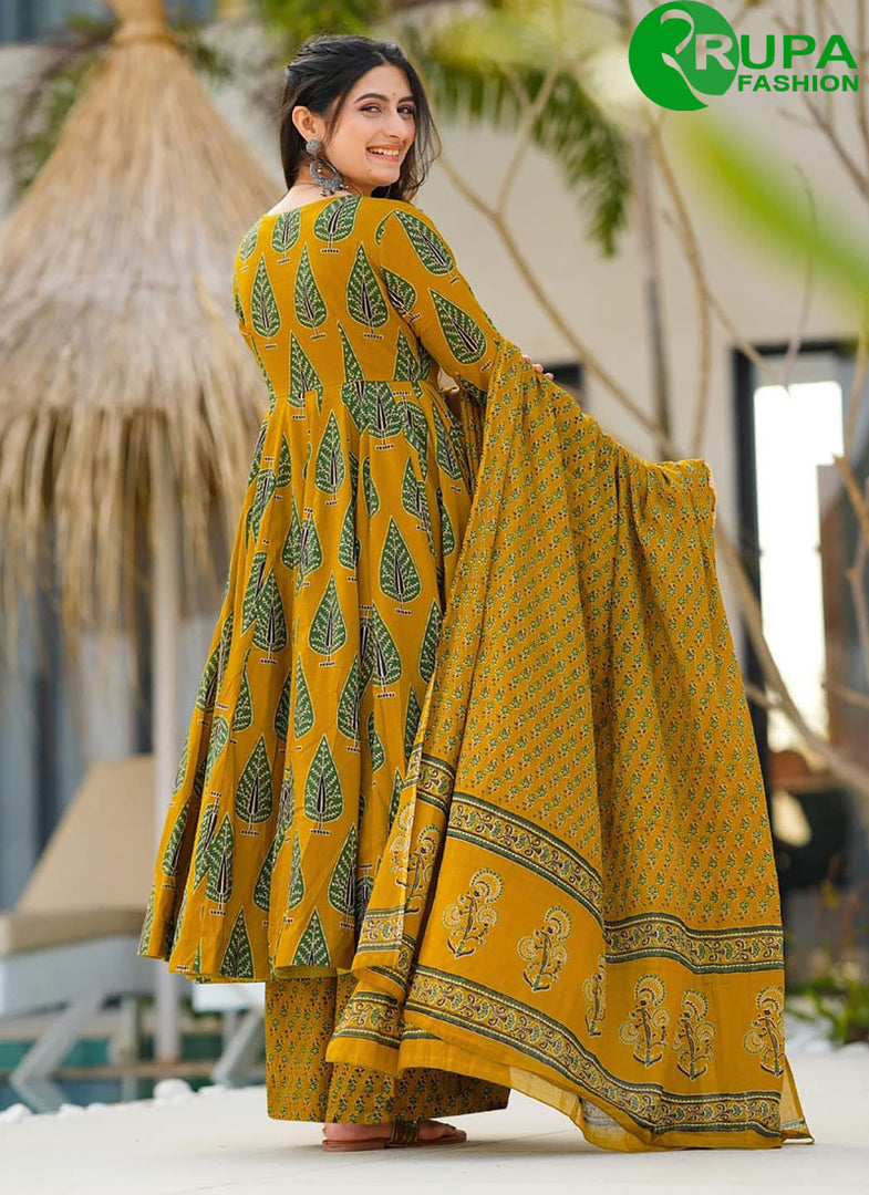 Beautiful Yellow with Green Color Pure Muslin Anarkali Style Salwar Suit