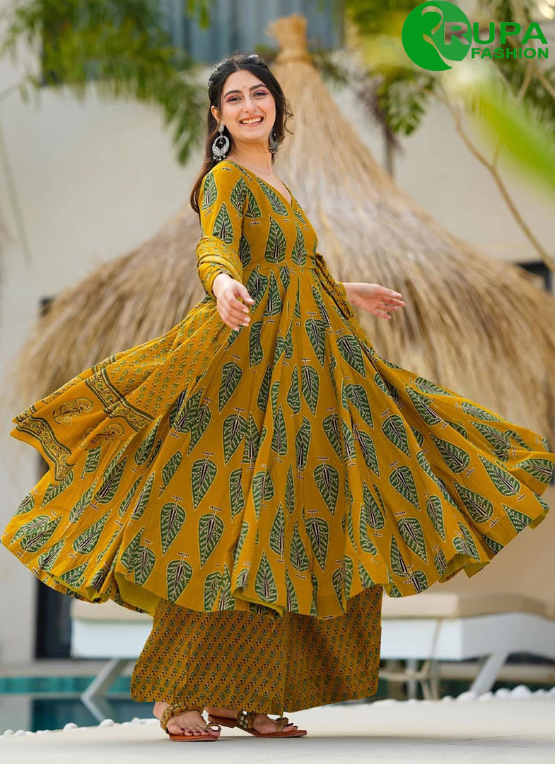 Beautiful Yellow with Green Color Pure Muslin Anarkali Style Salwar Suit