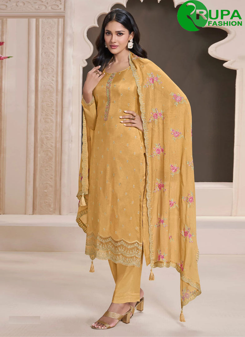 Attractive Mustard Yellow Color Silk Designer Party Wear Straight Suit