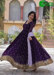 Eye Catchy Purple Color Aux Blooming With Embroidery Zari Sequins-work Gown