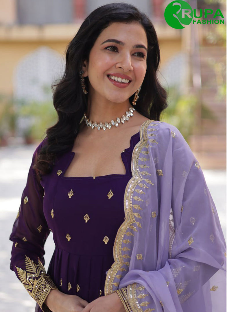 Eye Catchy Purple Color Aux Blooming With Embroidery Zari Sequins-work Gown