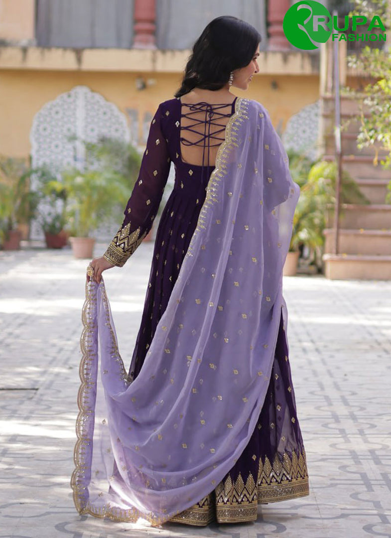 Eye Catchy Purple Color Aux Blooming With Embroidery Zari Sequins-work Gown