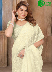 Marvelous Cream Color Embroidered and Resham Work Georgette Designer Saree