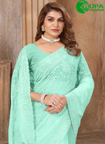 Load image into Gallery viewer, Attractive Firozi for Mehndi Color Georgette Cut, Embroidered and Resham Work Classic Saree
