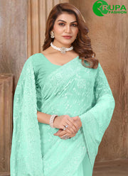 Attractive Firozi for Mehndi Color Georgette Cut, Embroidered and Resham Work Classic Saree