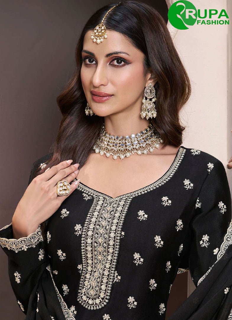 Eye Catchy Black Color And Chinon With Embroidered Work Palazzo Salwar Suit
