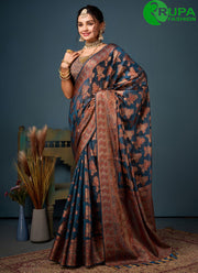 Wonderful Blue Color All Over Peacock Motifs Pattern Zari Weaving Saree