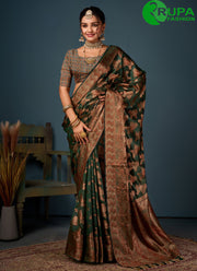 Attractive Dark Green Color All Over Peacock Motifs Pattern Zari Weaving Saree