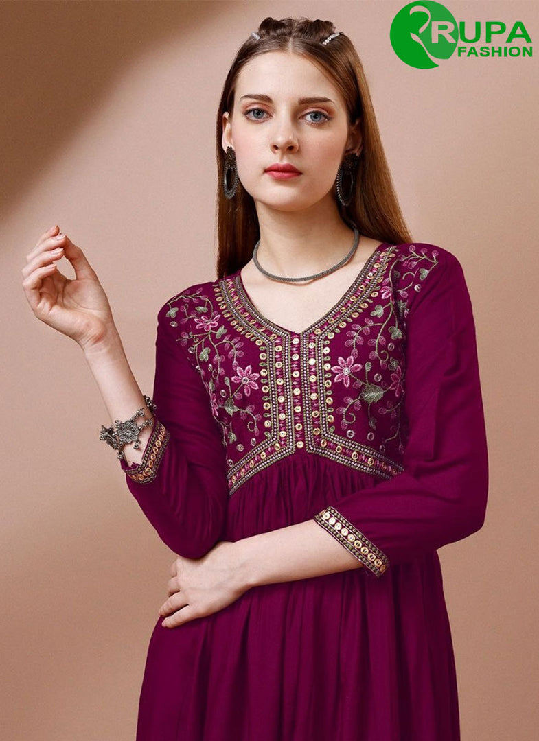 Gorgeous Purple Color Rayon Designer with Embroidered Work Kurti