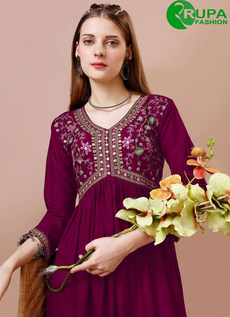 Gorgeous Purple Color Rayon Designer with Embroidered Work Kurti