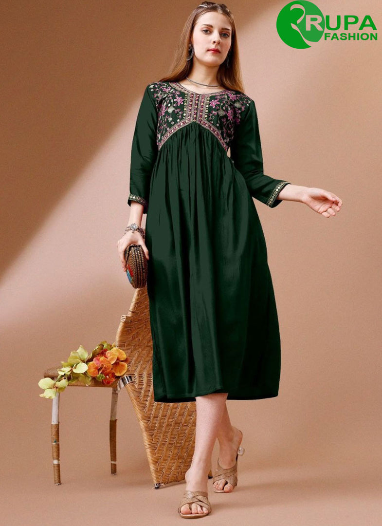 Splendorous Green Color Rayon Designer with Embroidered Work Kurti