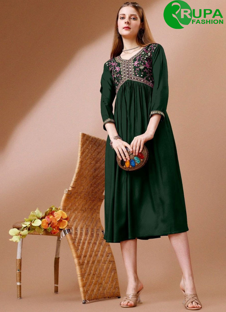 Splendorous Green Color Rayon Designer with Embroidered Work Kurti