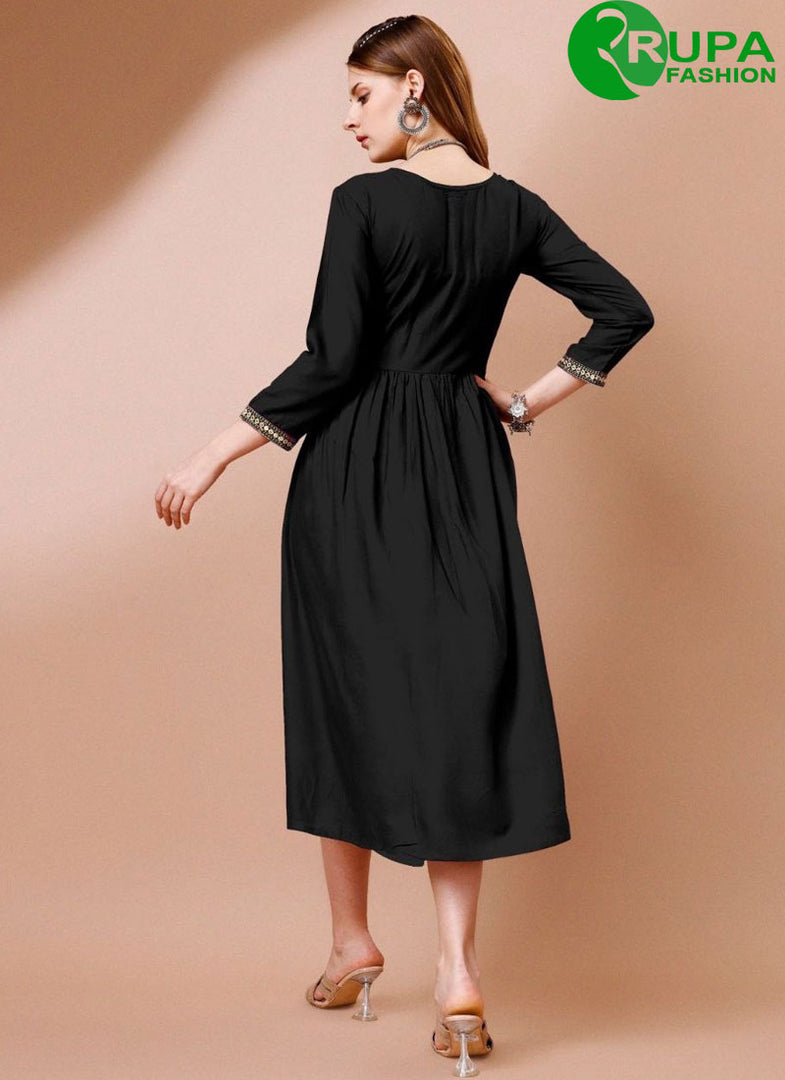 New Designer Black Color Rayon Designer with Embroidered Work Kurti