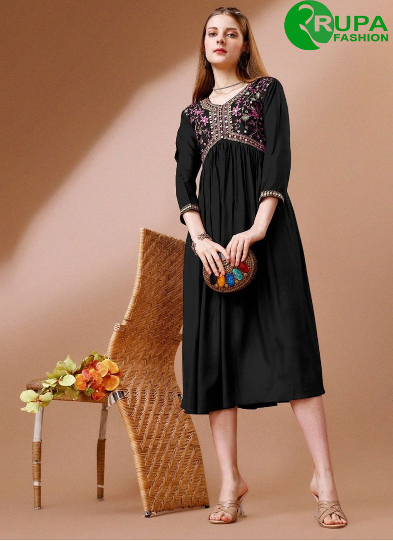 New Designer Black Color Rayon Designer with Embroidered Work Kurti