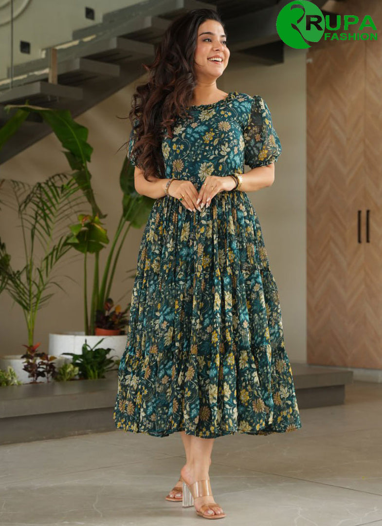 Lovely Multi Color Faux Georgette With Print And Party Wear Gown