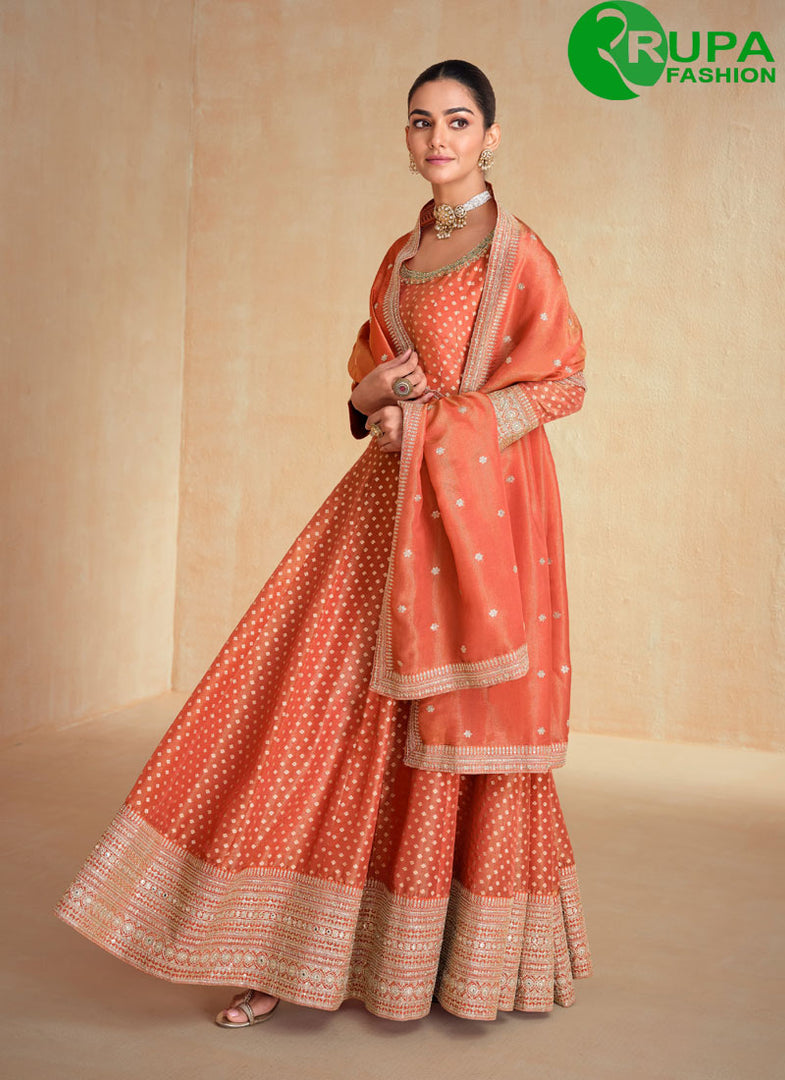 Divine Orange Color Jacquard Designer Party Wear Anarkali Suit