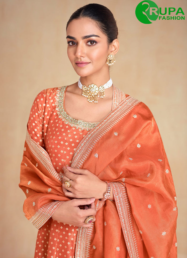 Divine Orange Color Jacquard Designer Party Wear Anarkali Suit