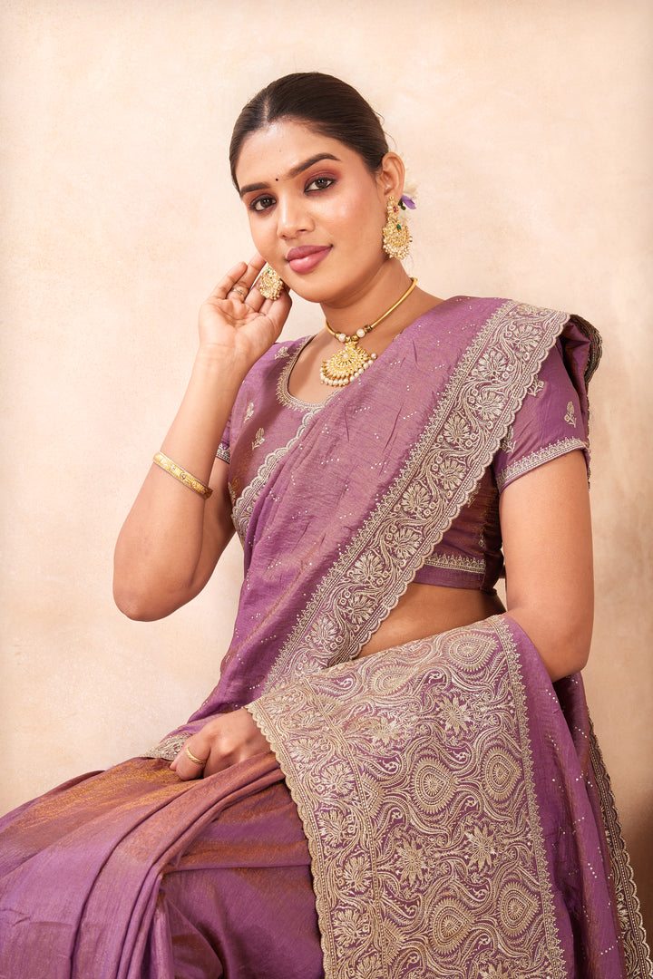 Lavender Color Silk New Designer Embroidered and Swarovski Work Traditional Saree