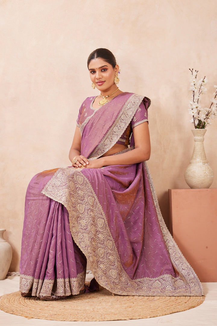 Lavender Color Silk New Designer Embroidered and Swarovski Work Traditional Saree