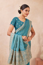 Load image into Gallery viewer, Firozi Color Silk Traditional Saree with Embroidered and Swarovski Work