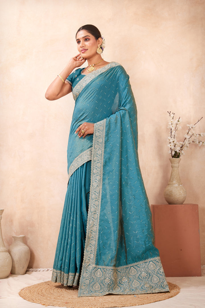 Firozi Color Silk Traditional Saree with Embroidered and Swarovski Work