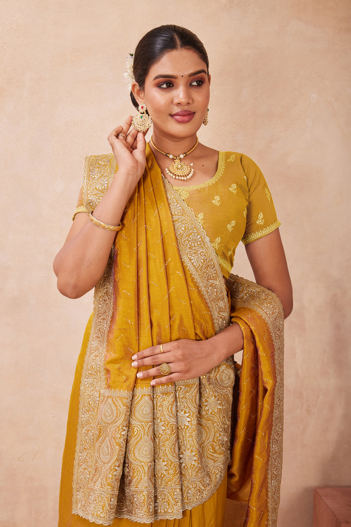 Mustard Color Silk Embroidered and Swarovski Work Trendy Designer Saree