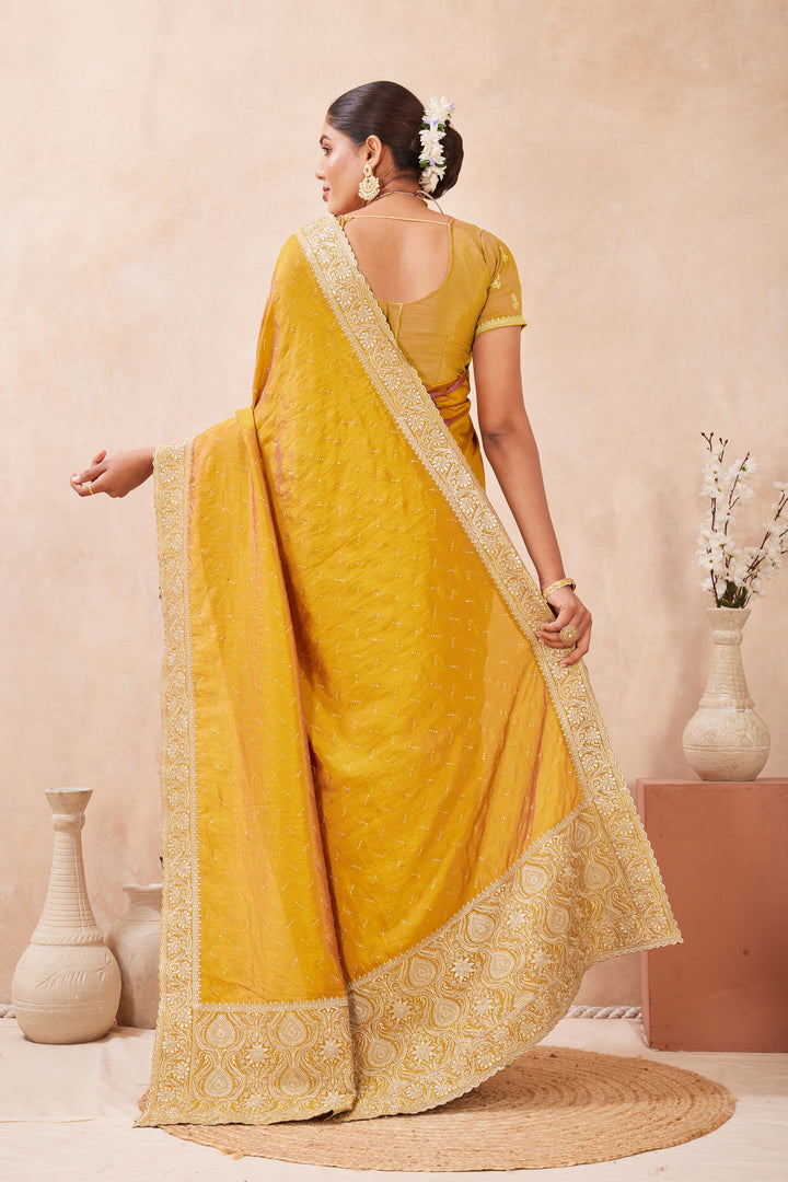 Mustard Color Silk Embroidered and Swarovski Work Trendy Designer Saree
